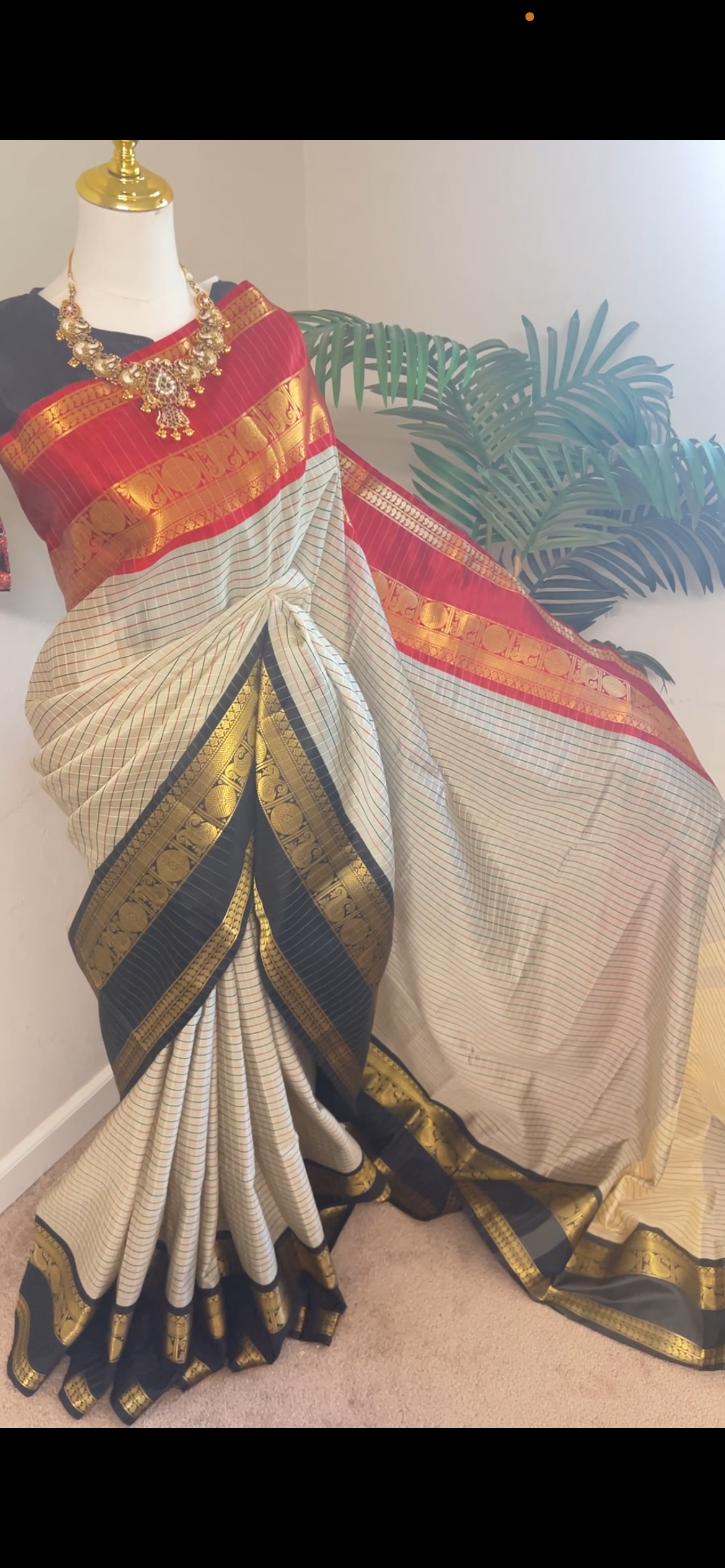 White and Red Ganga Jamuna Checked Tissue Silk Saree