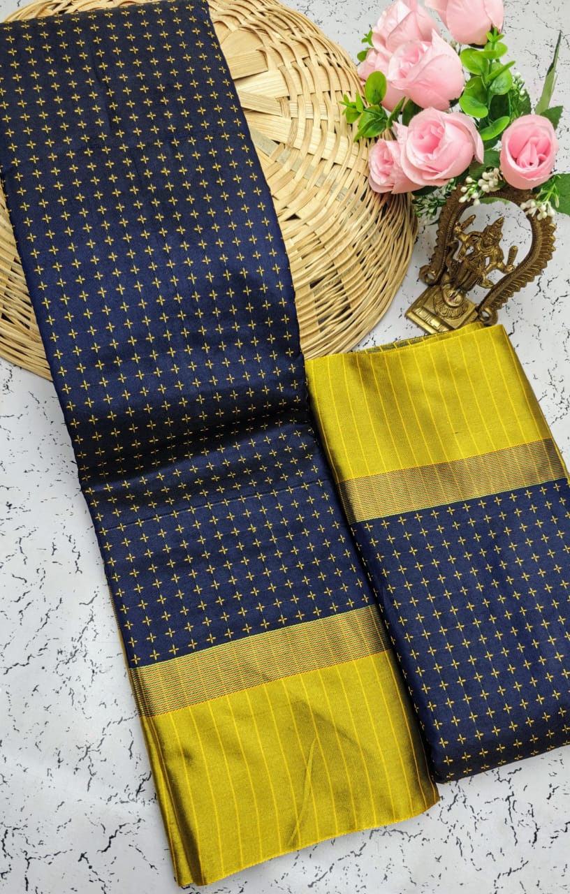 Dark Blue and Green Checked Pattern Arani Soft Silk Saree