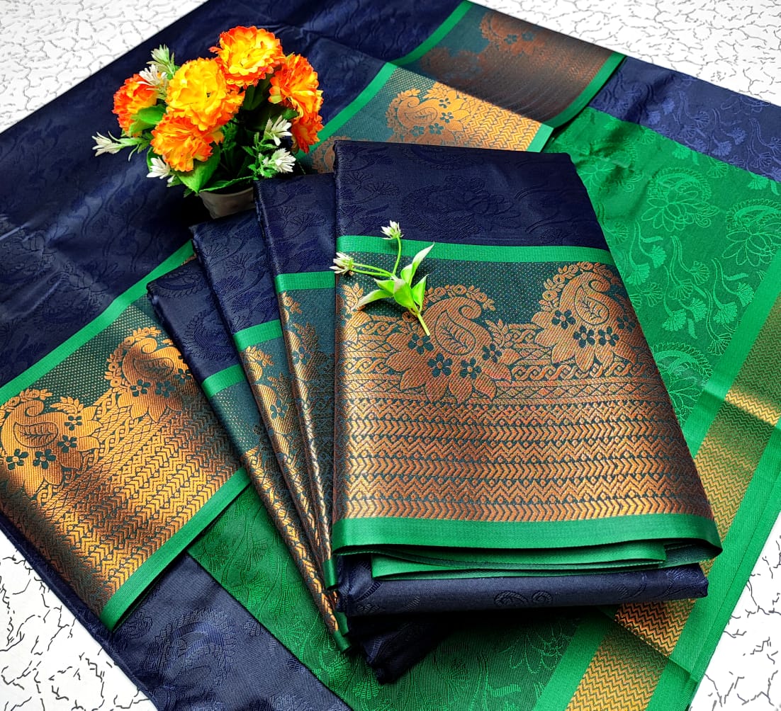 Dark Blue and Green Embossed Soft Silk Saree