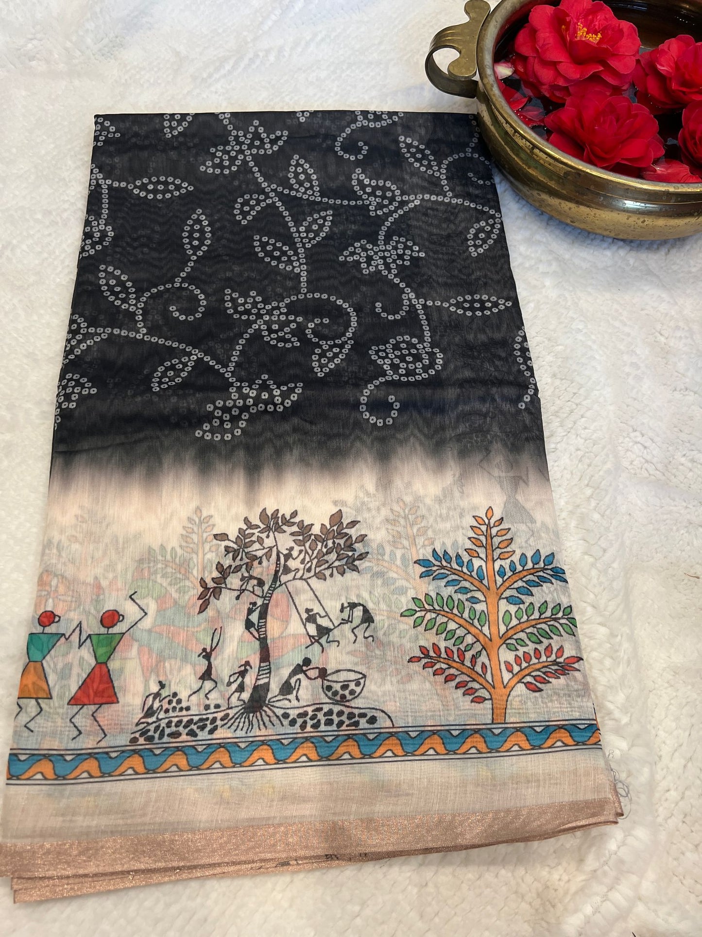 Navy Blue Warli Bandhini Saree