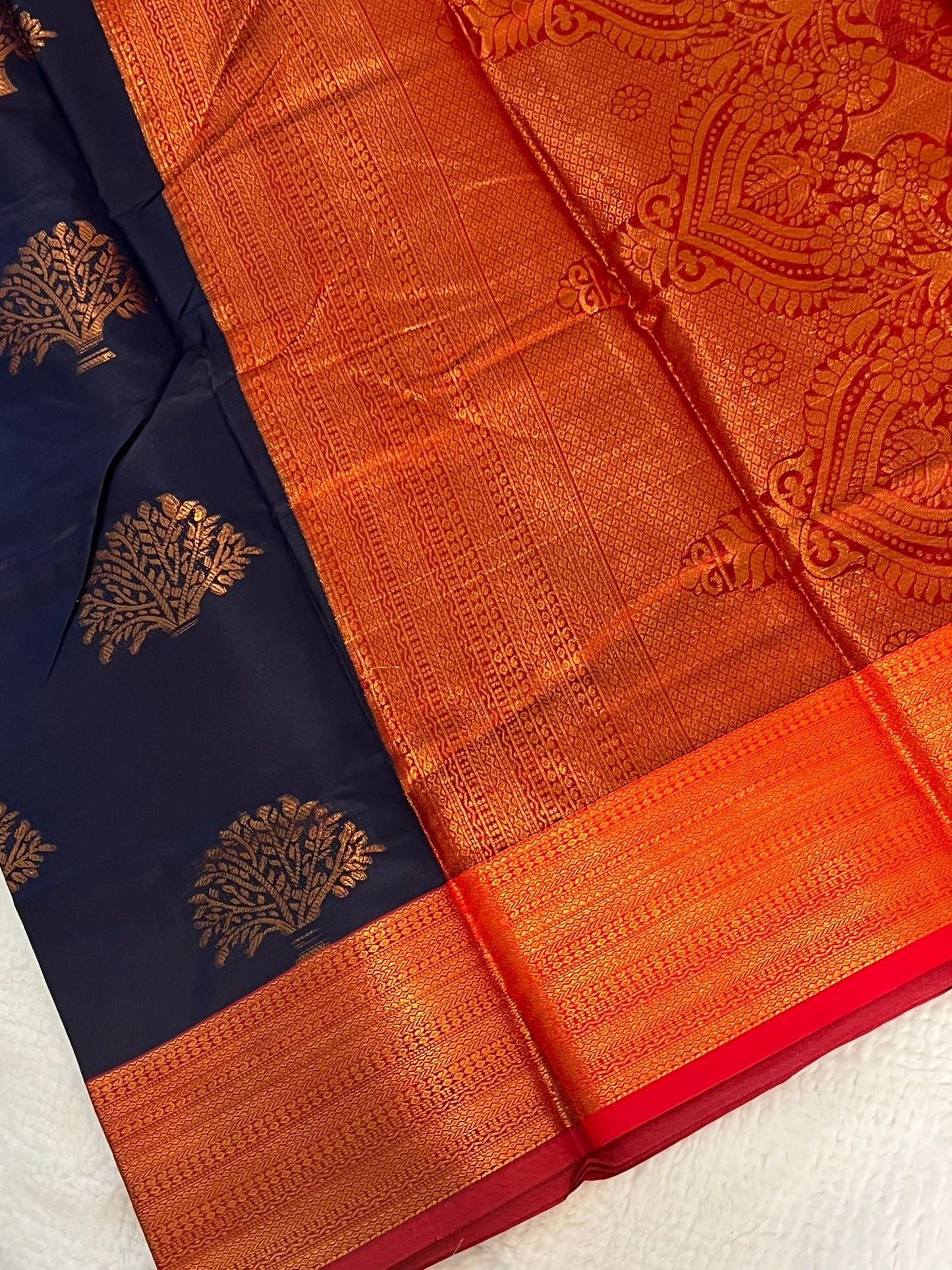 Dark Blue and Red Butter Silk Saree