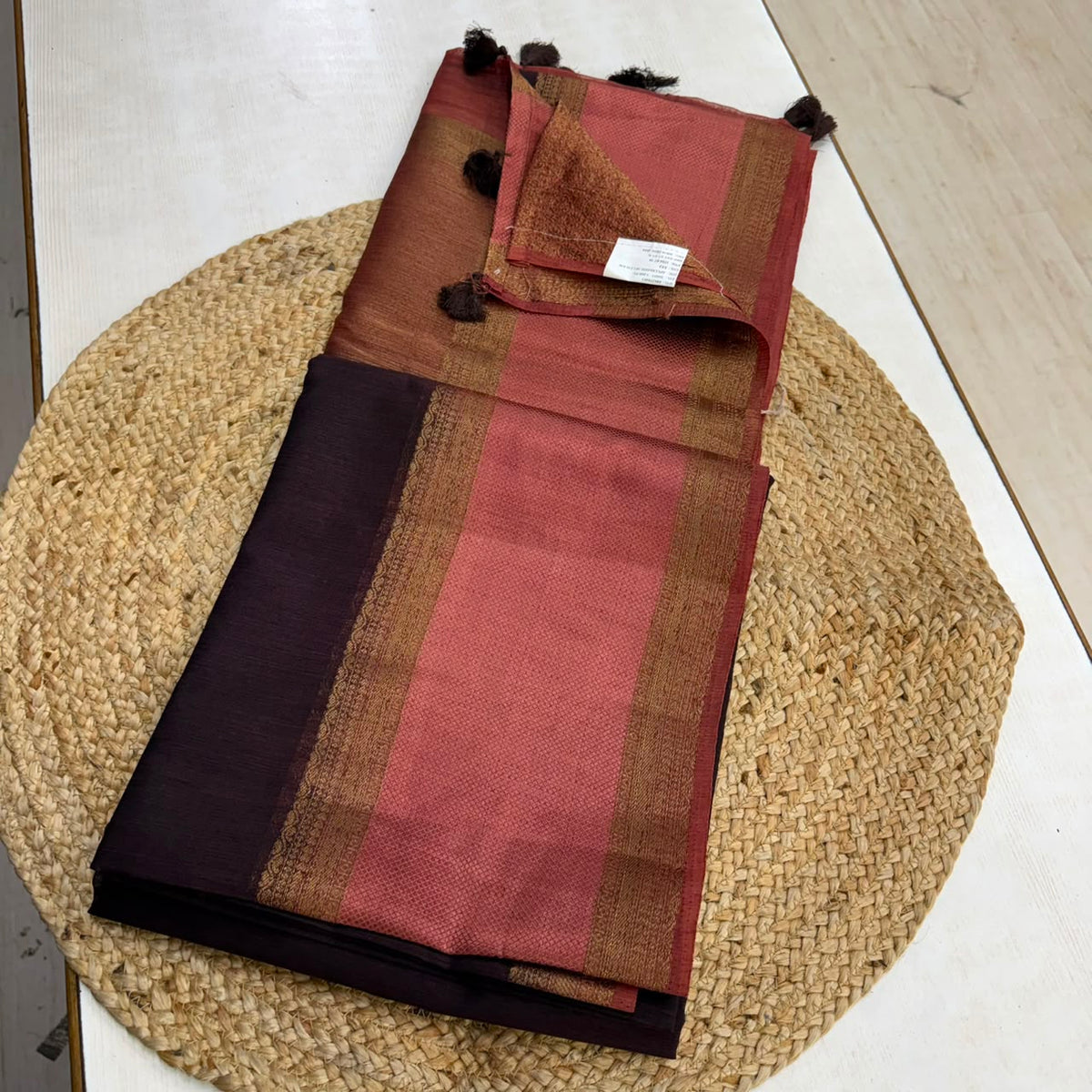Dark Brown and Peach Retta Petta Semi Jute Silk Saree