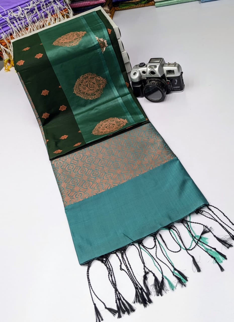 Dark Green and Bluish Green Copper Zari Kanchi Soft Silk Saree
