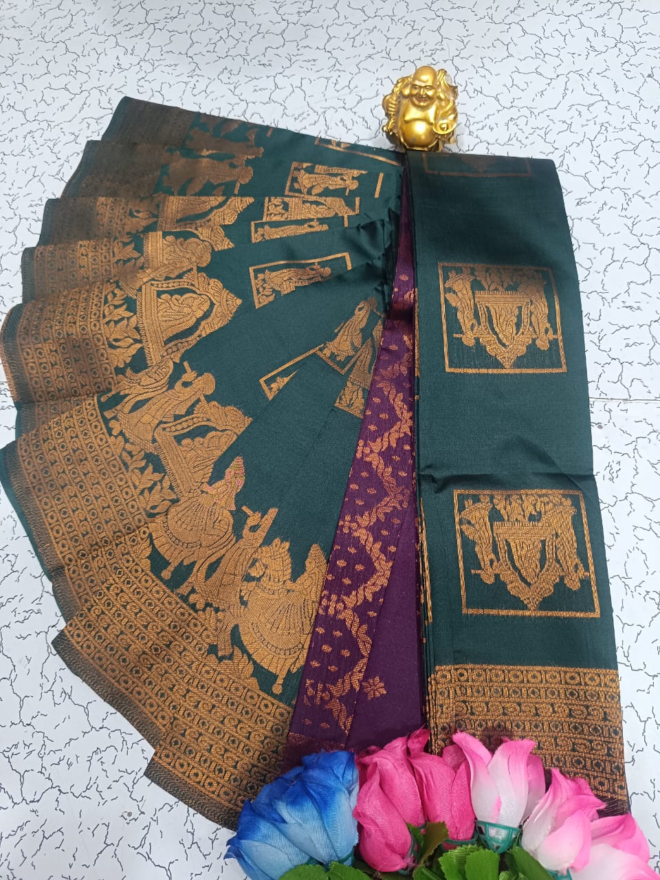 Dark Green and Purple Pallaku Design Soft Silk Saree
