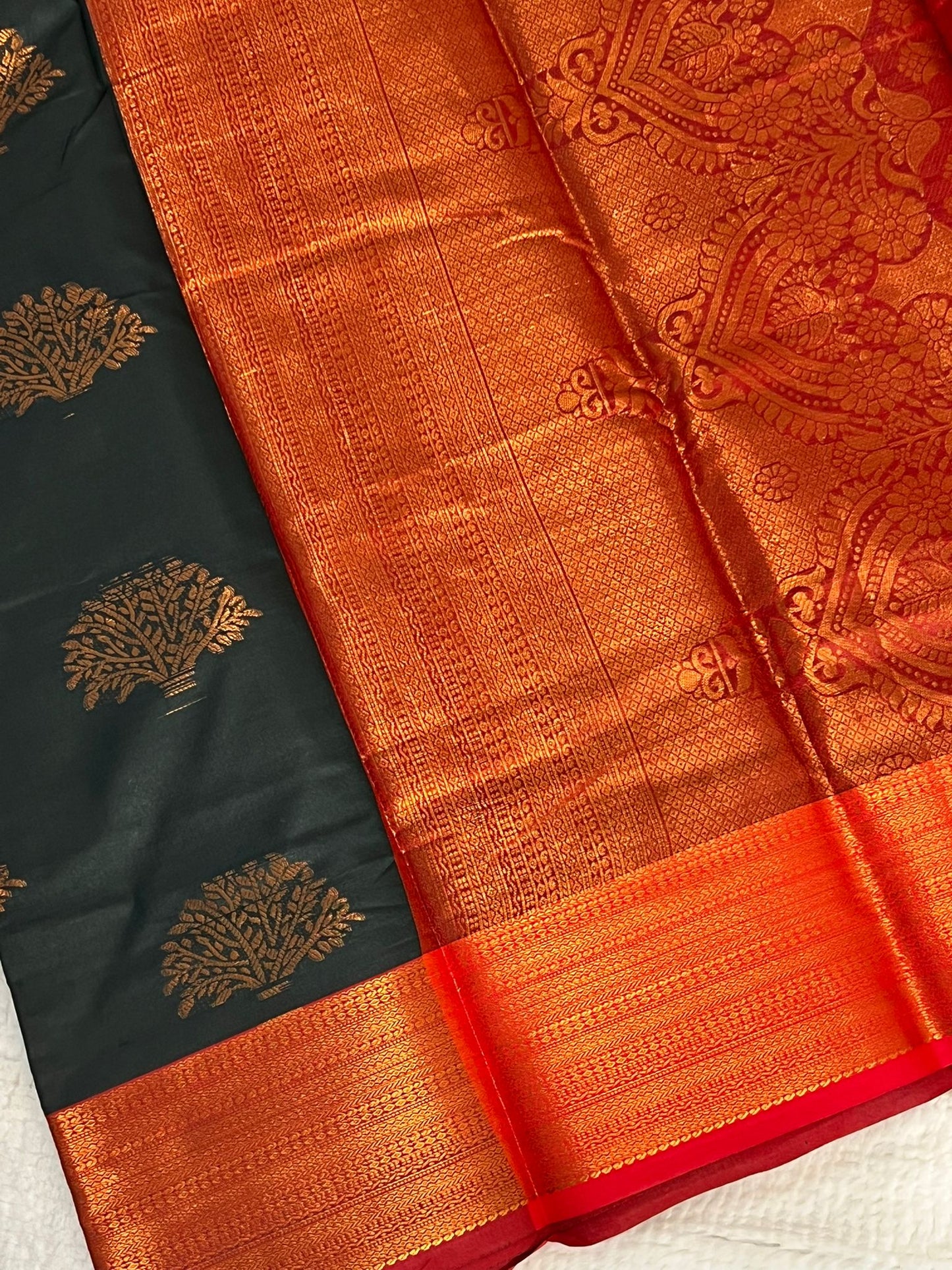 Dark Green and Red Butter Silk Saree
