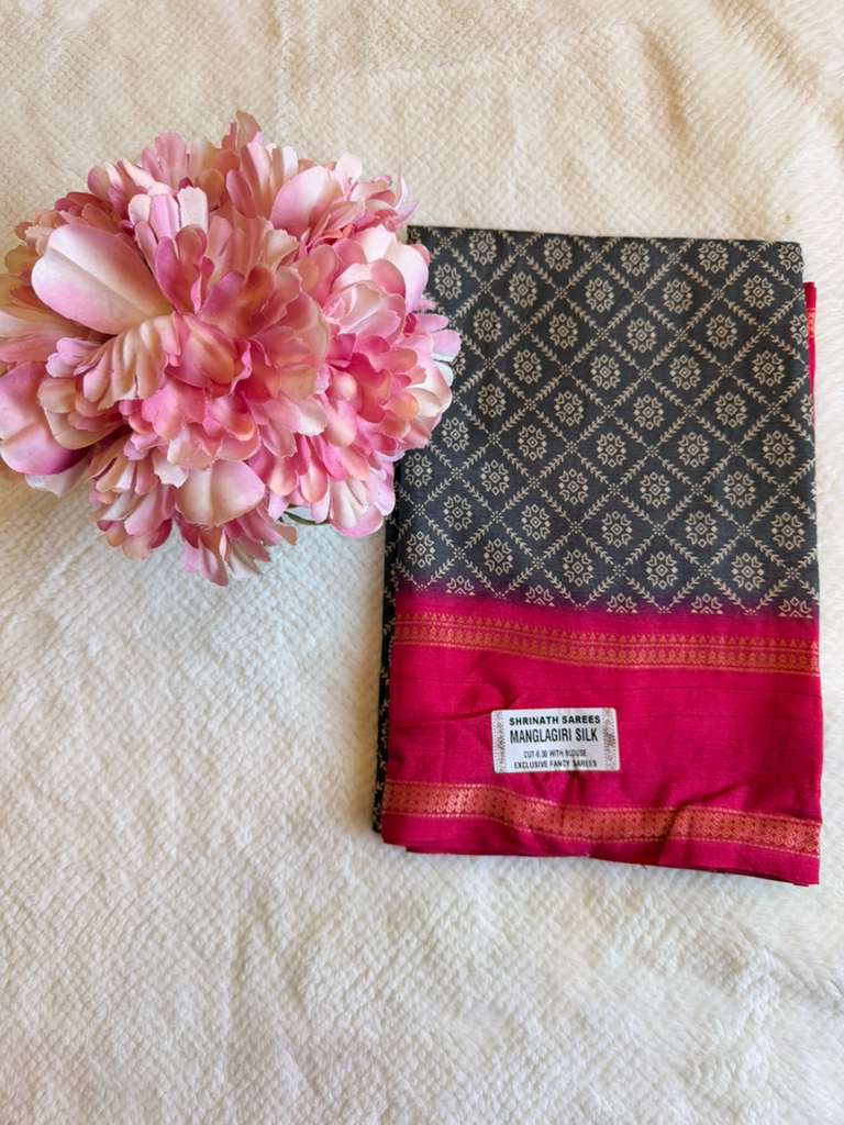 Dark Grey and Pink Mangalagiri Semi Silk Saree