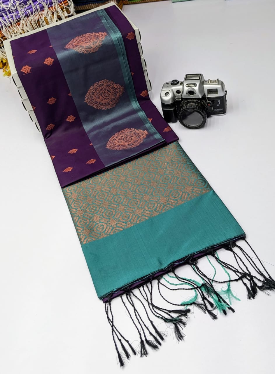Dark Purple and Green Copper Zari Kanchi Soft Silk Saree