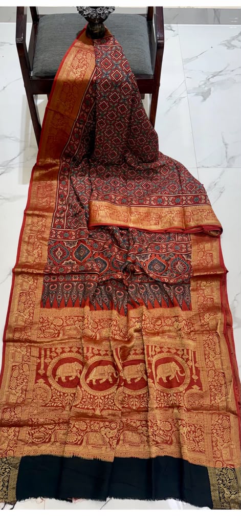 Red Ajrakh Print Pure Dola Silk Saree with Zari Border