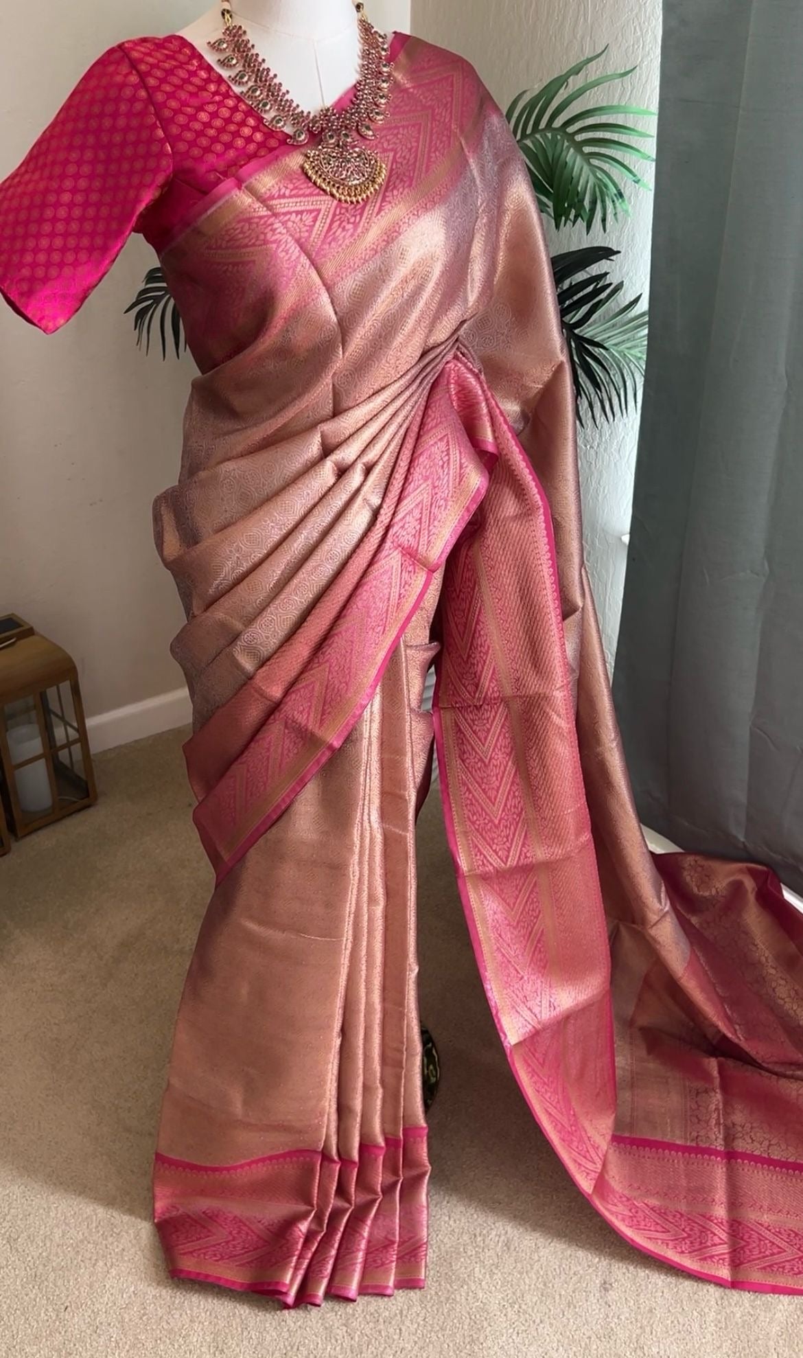 Pink Kanchipuram Semi Silk Saree