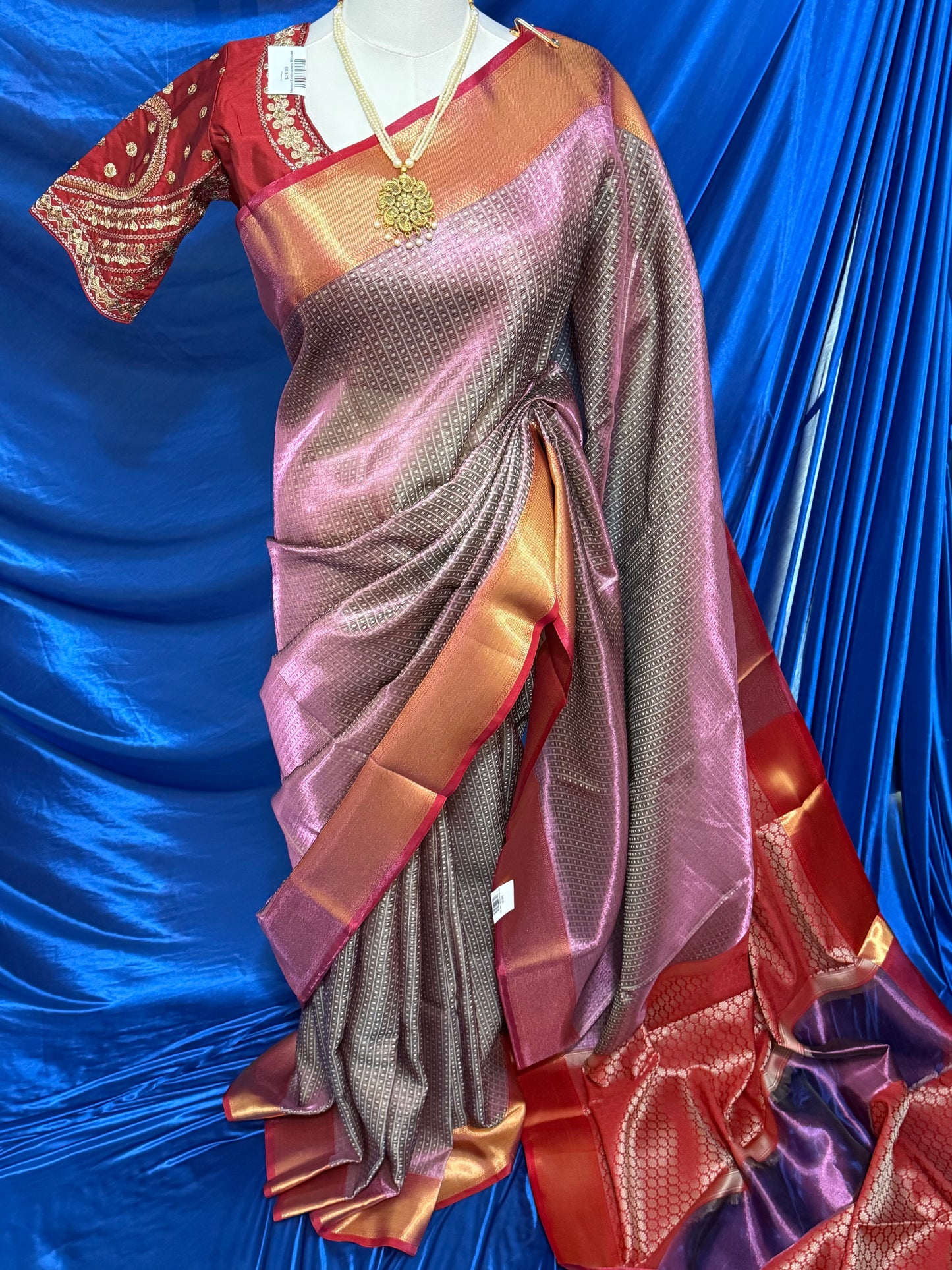 Pink with Red Border Tissue Saree