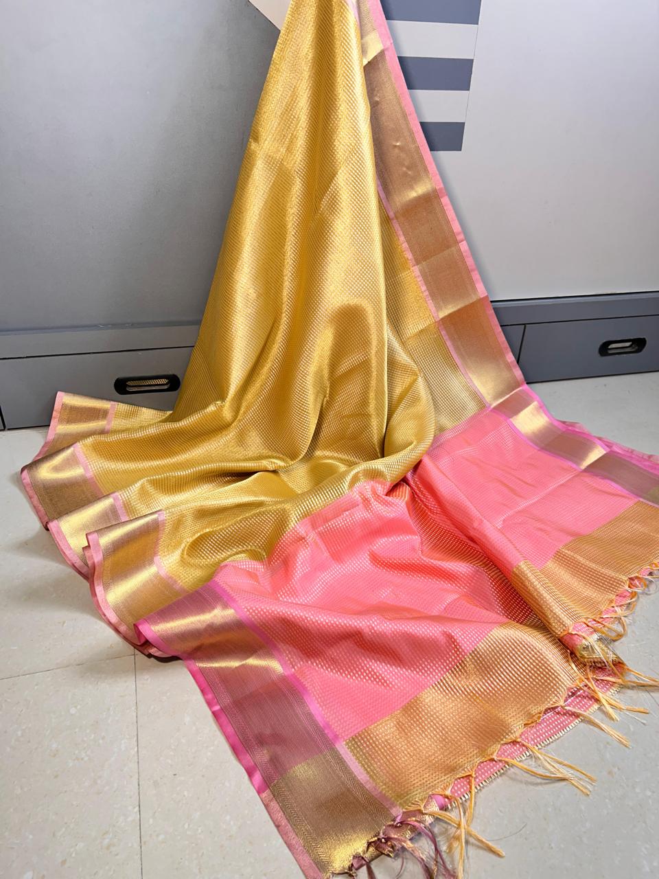 Gold and Pink Tissue Saree