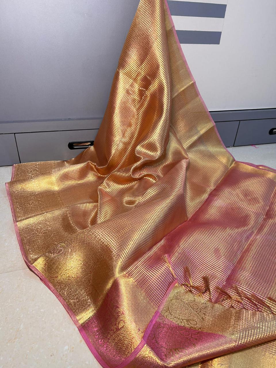Gold and Pink Checked Tissue Saree