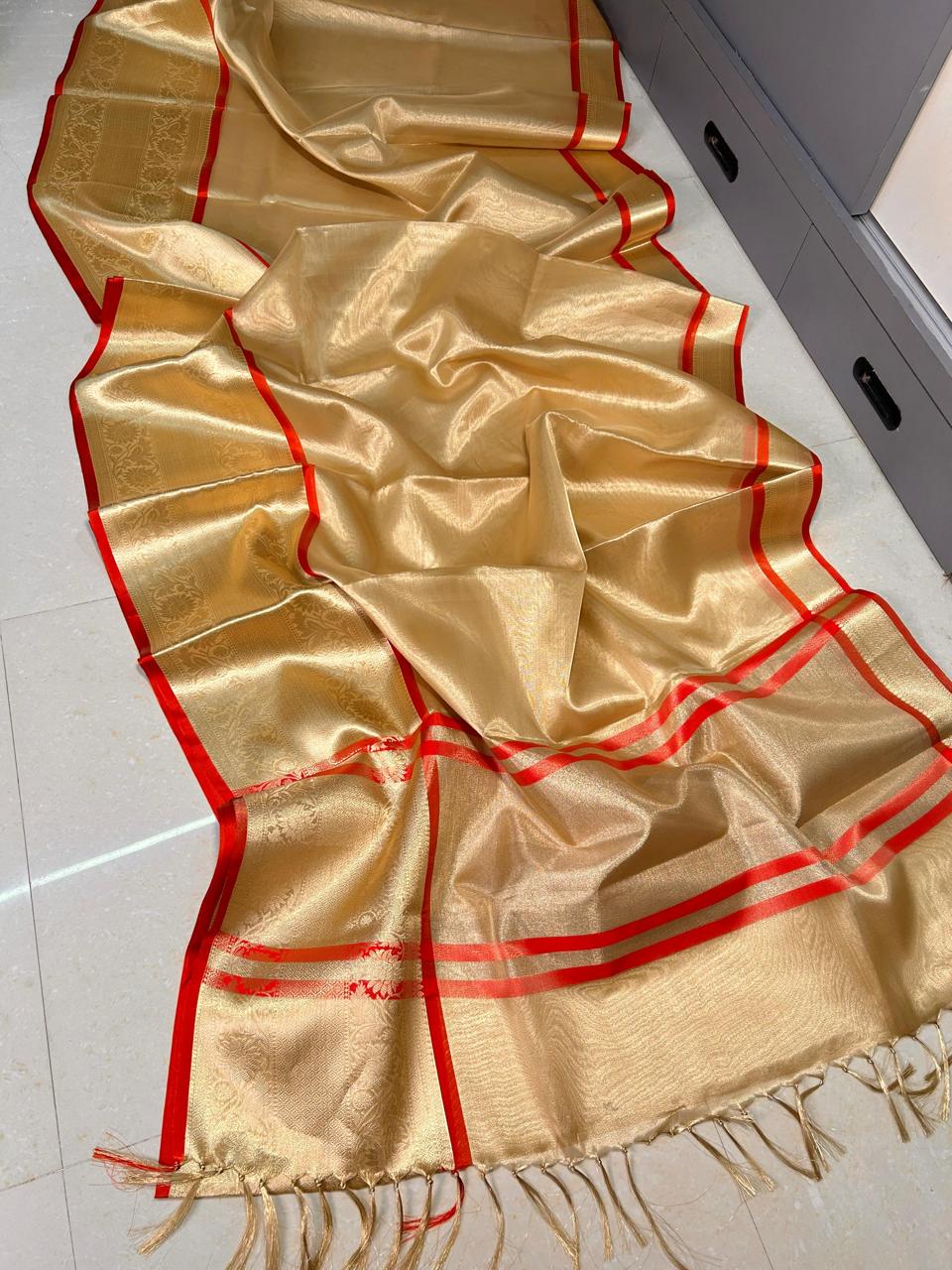 Gold with Red Stripe Tissue Saree