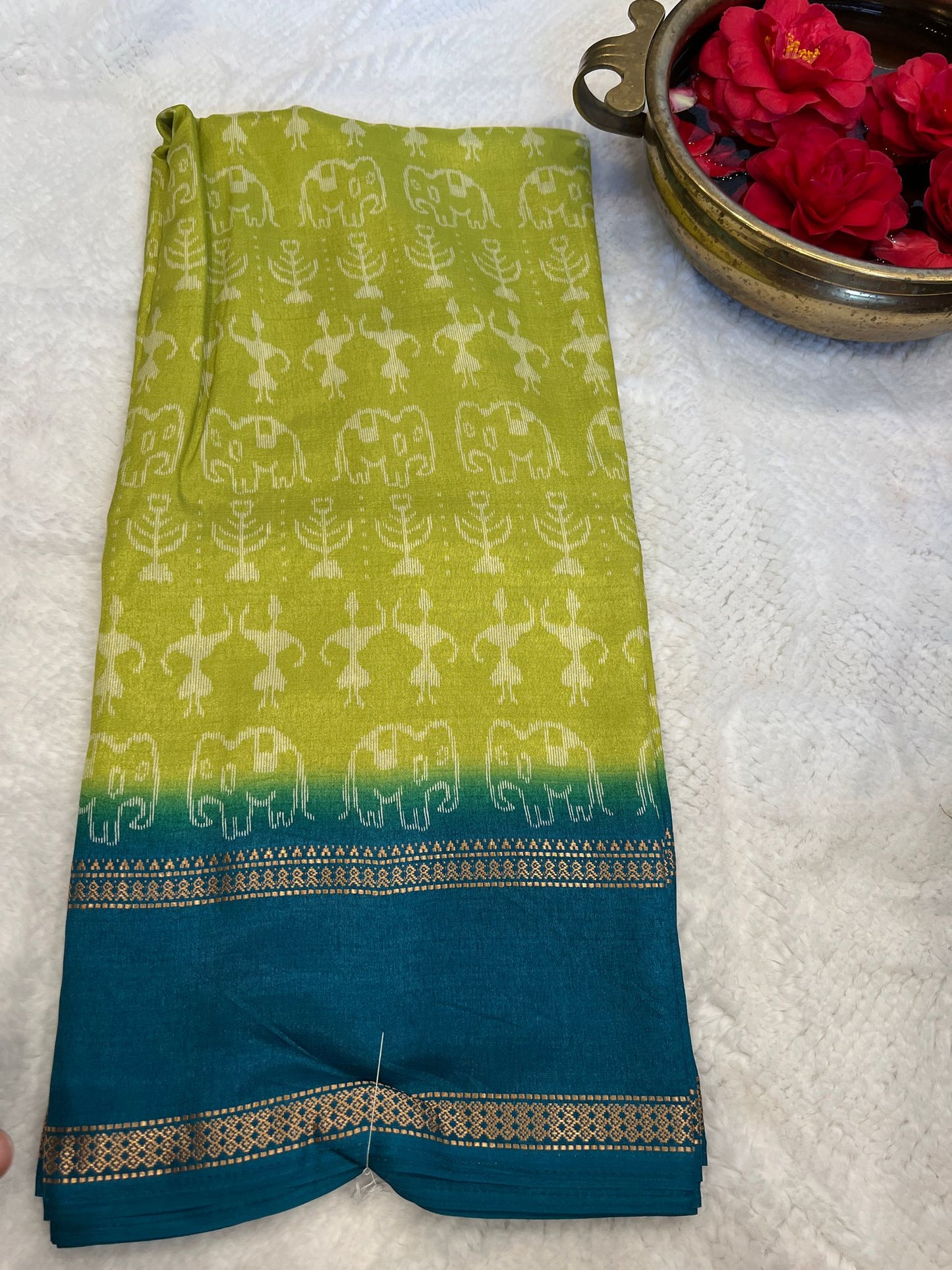 Lime Green with Dark Green Mangalagiri Semi Silk Saree