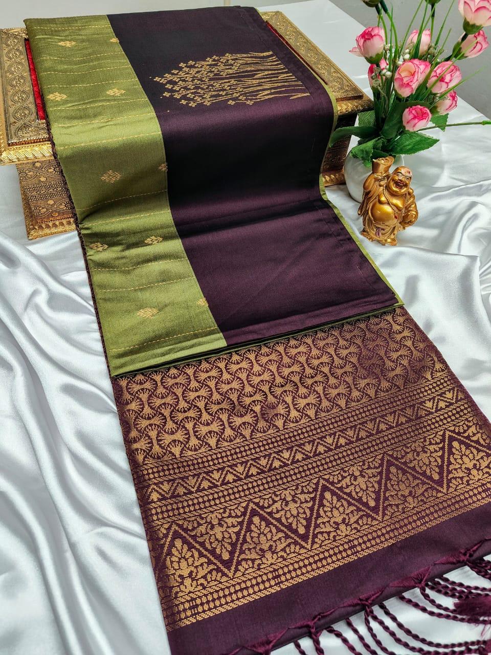 Green and Brown Royal Premium Semi Silk Saree