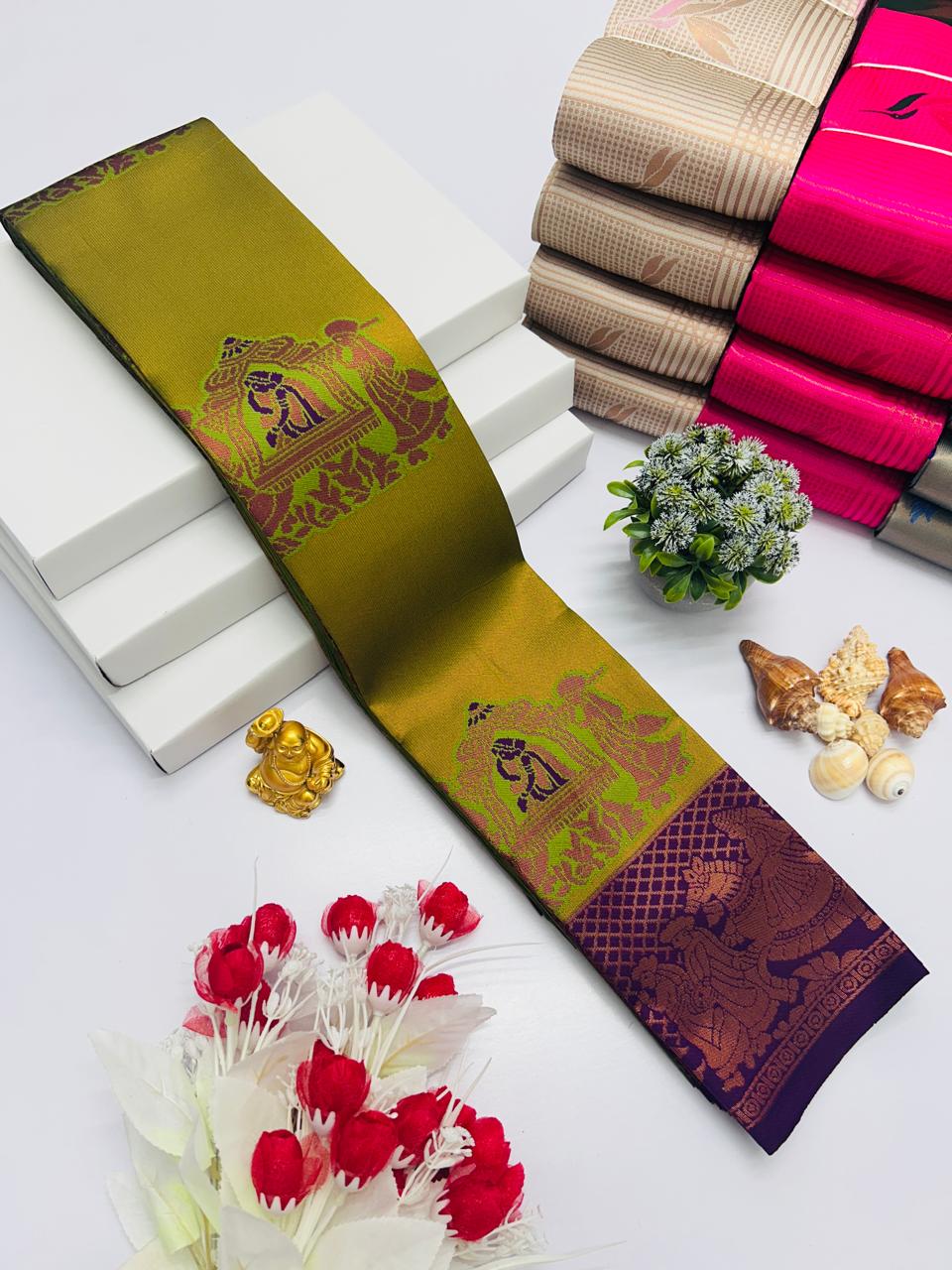 Green and Purple Pallaku Design Kubera Soft Silk Saree