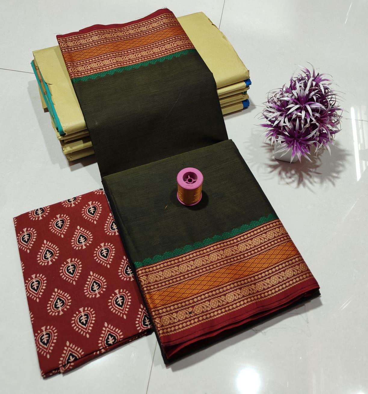 Green and Red Chettinad Cotton Saree