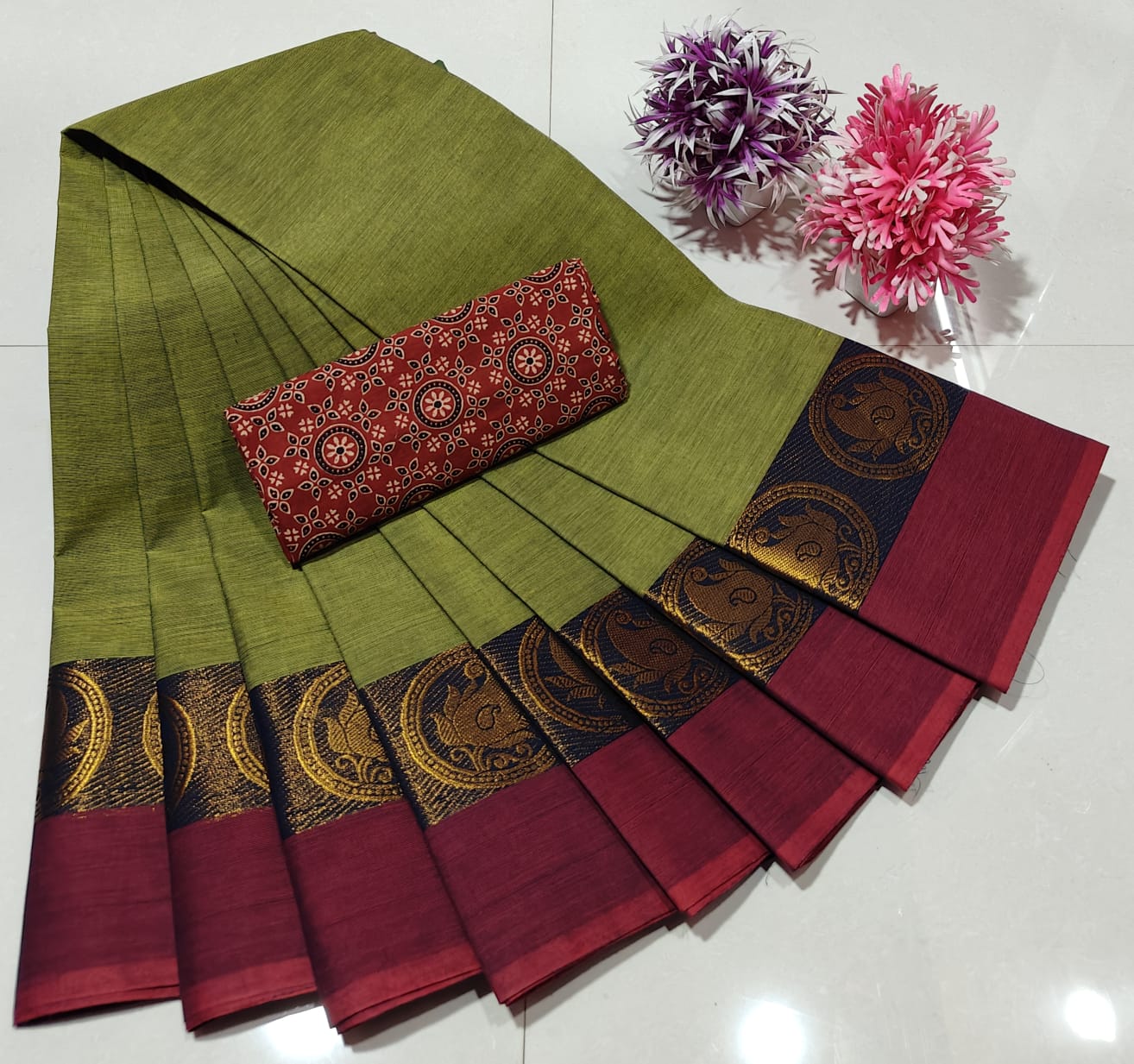 Green and Red Chettinad Royal Plain Pure Cotton Saree with Kalamkari Blouse