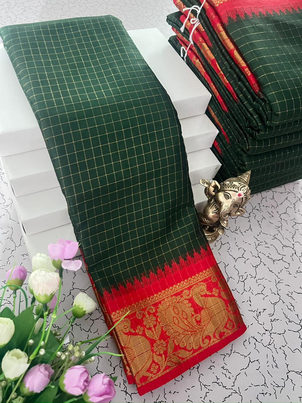 Green and Red Checked Fancy Silk Saree