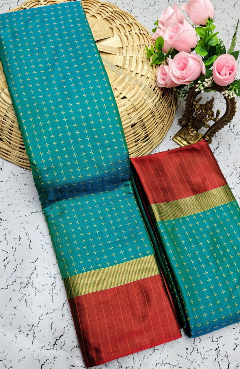Green and Red Checked Pattern Arani Soft Silk Saree