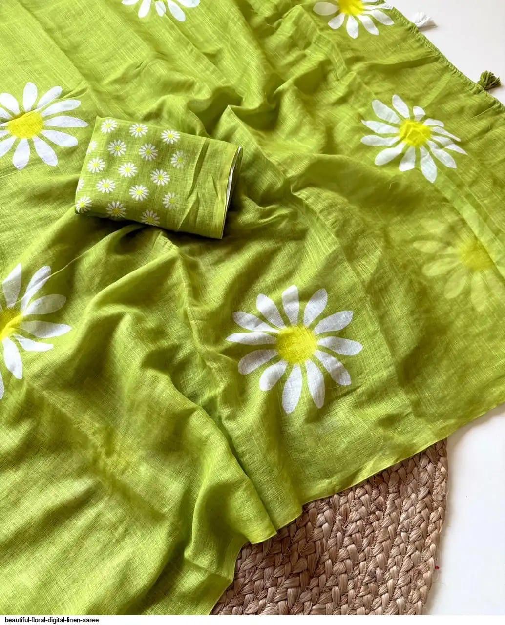 Green Floral Print Linen Saree