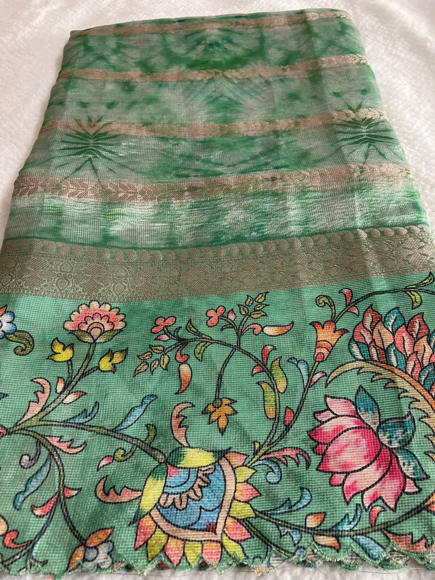 Green Crushed Tissue Silk Saree