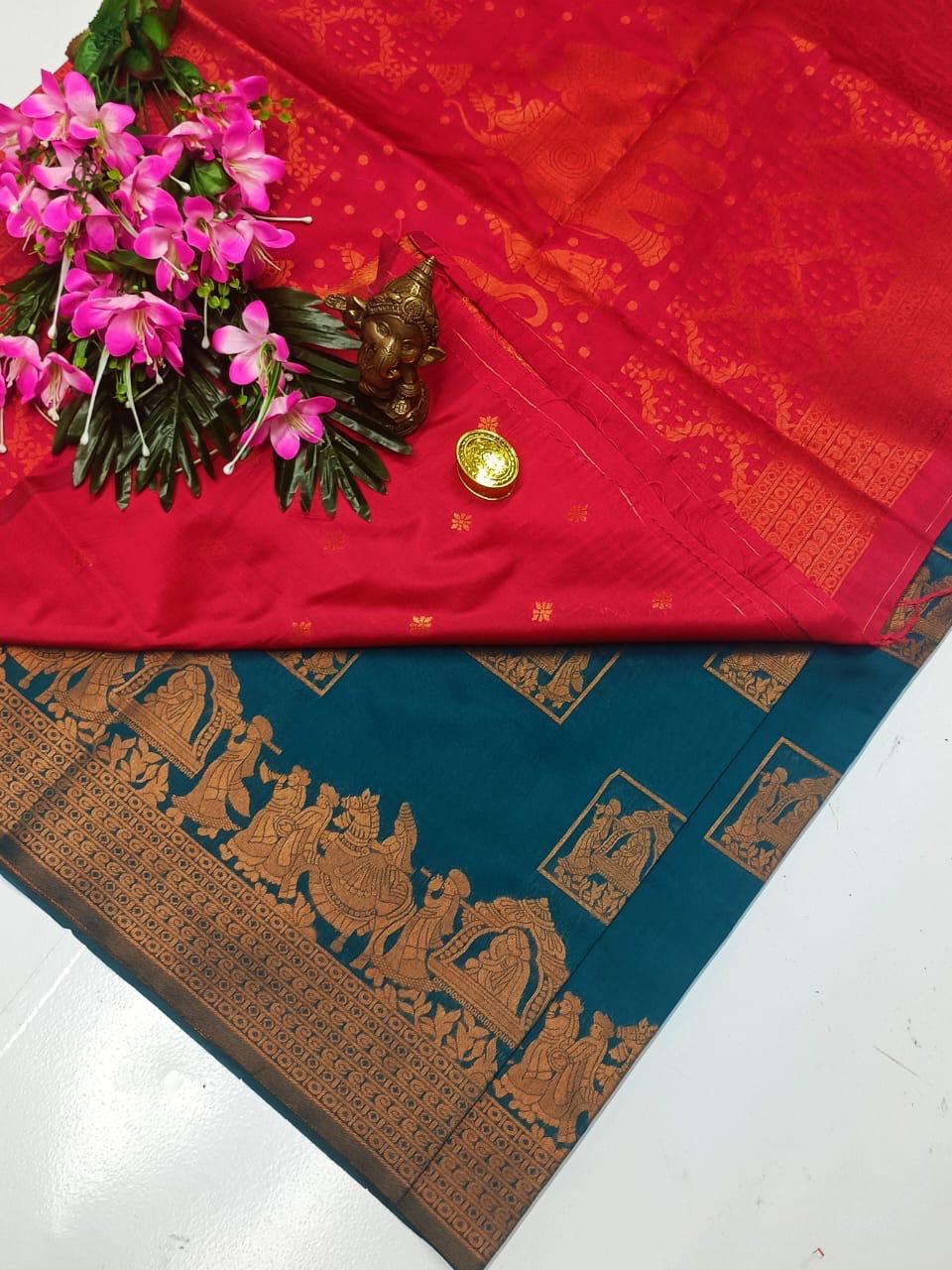 Bluish Green and Red Pallaku Design Soft Silk Saree