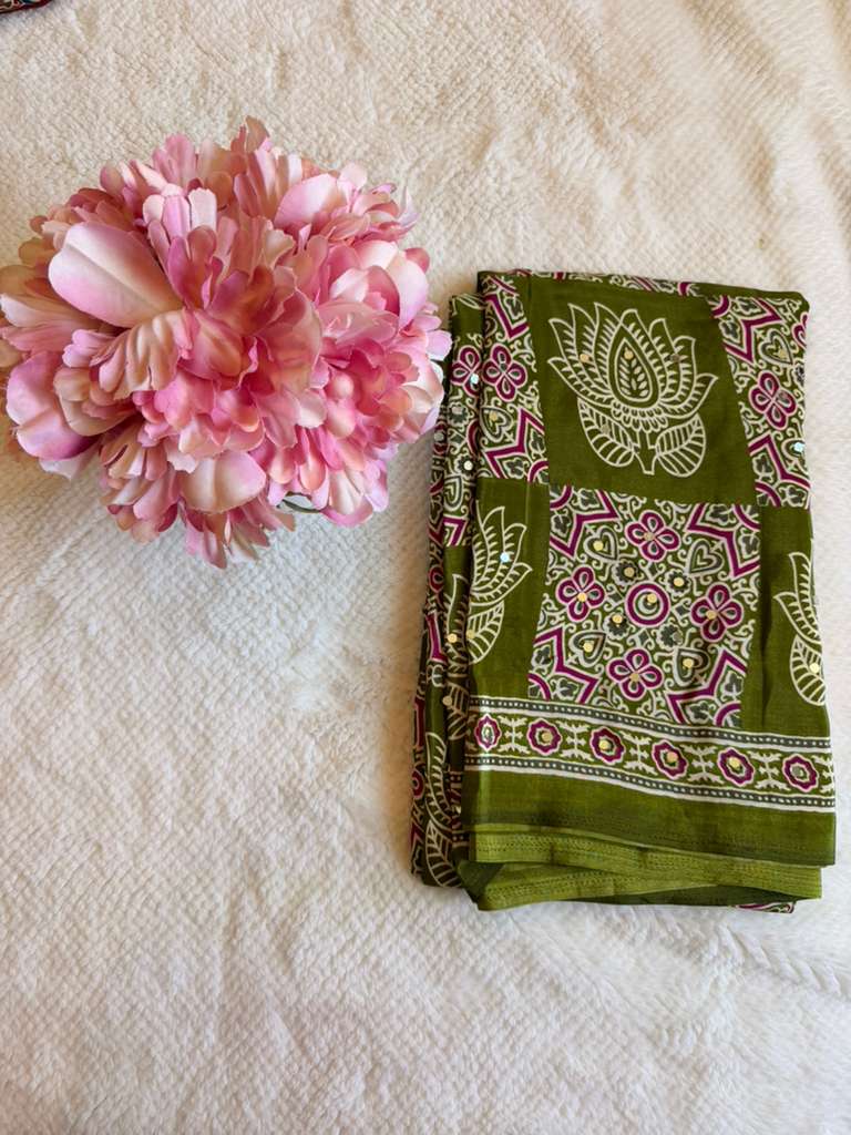 Green Ajrakh Print Mirror Work Fancy Saree