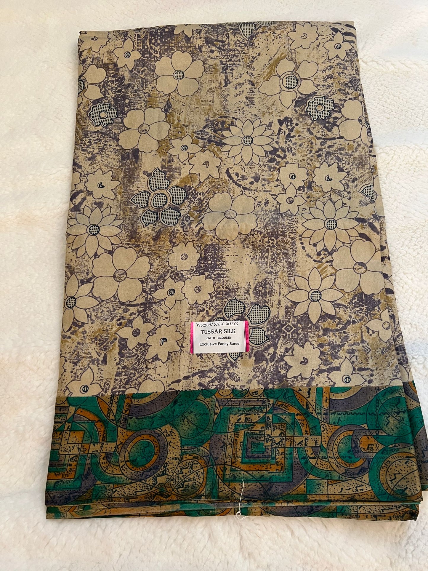 Sandal and Green Semi Tussar Silk Saree