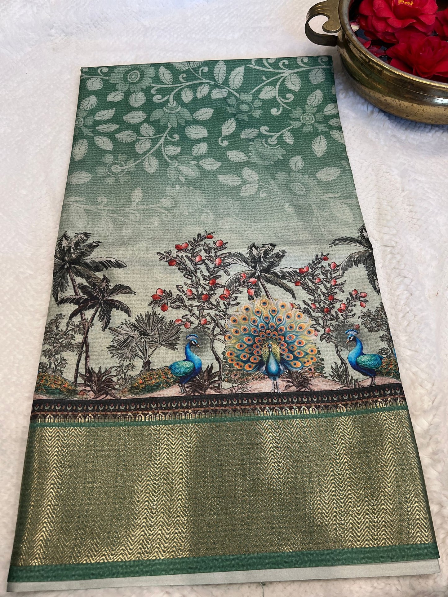 Green Peacock Design Fancy Saree
