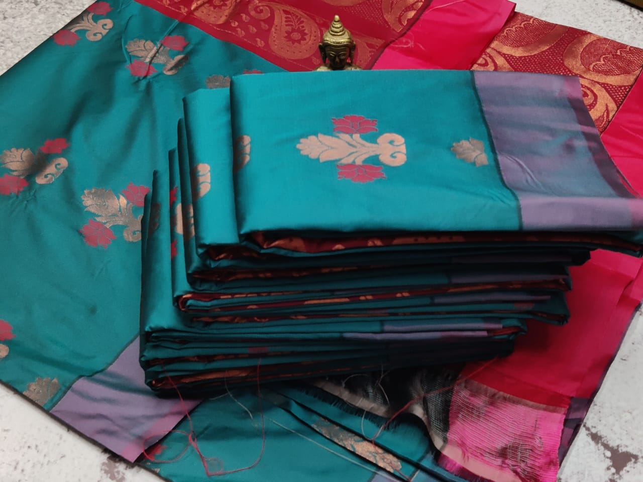 Bluish Green and Pink Fancy Soft Silk Saree