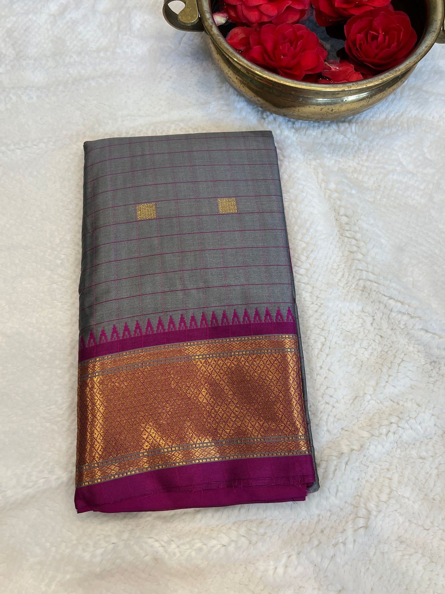 Grey with Purple Border Paithani Soft Silk Saree
