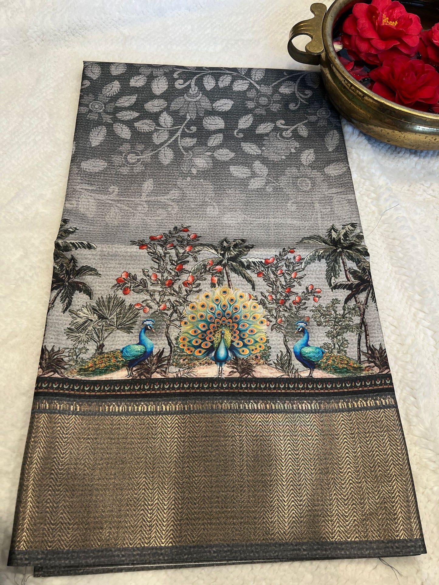 Grey Peacock Design Fancy Saree