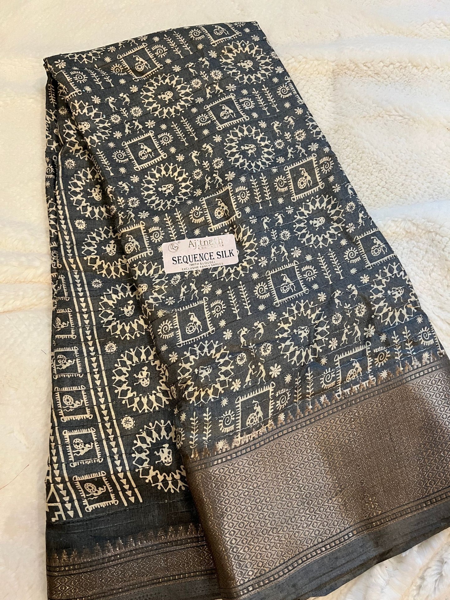 Grey Sequence Semi Silk Saree