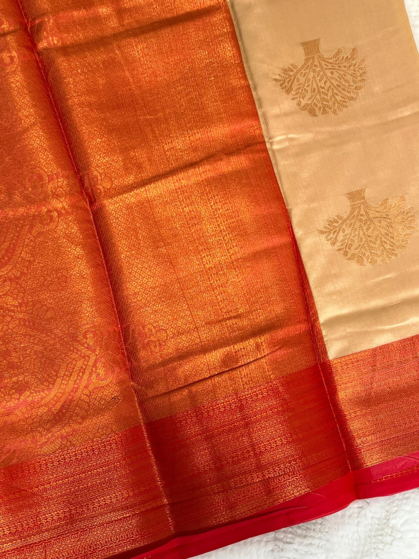 Half White with Red Butter Silk Saree