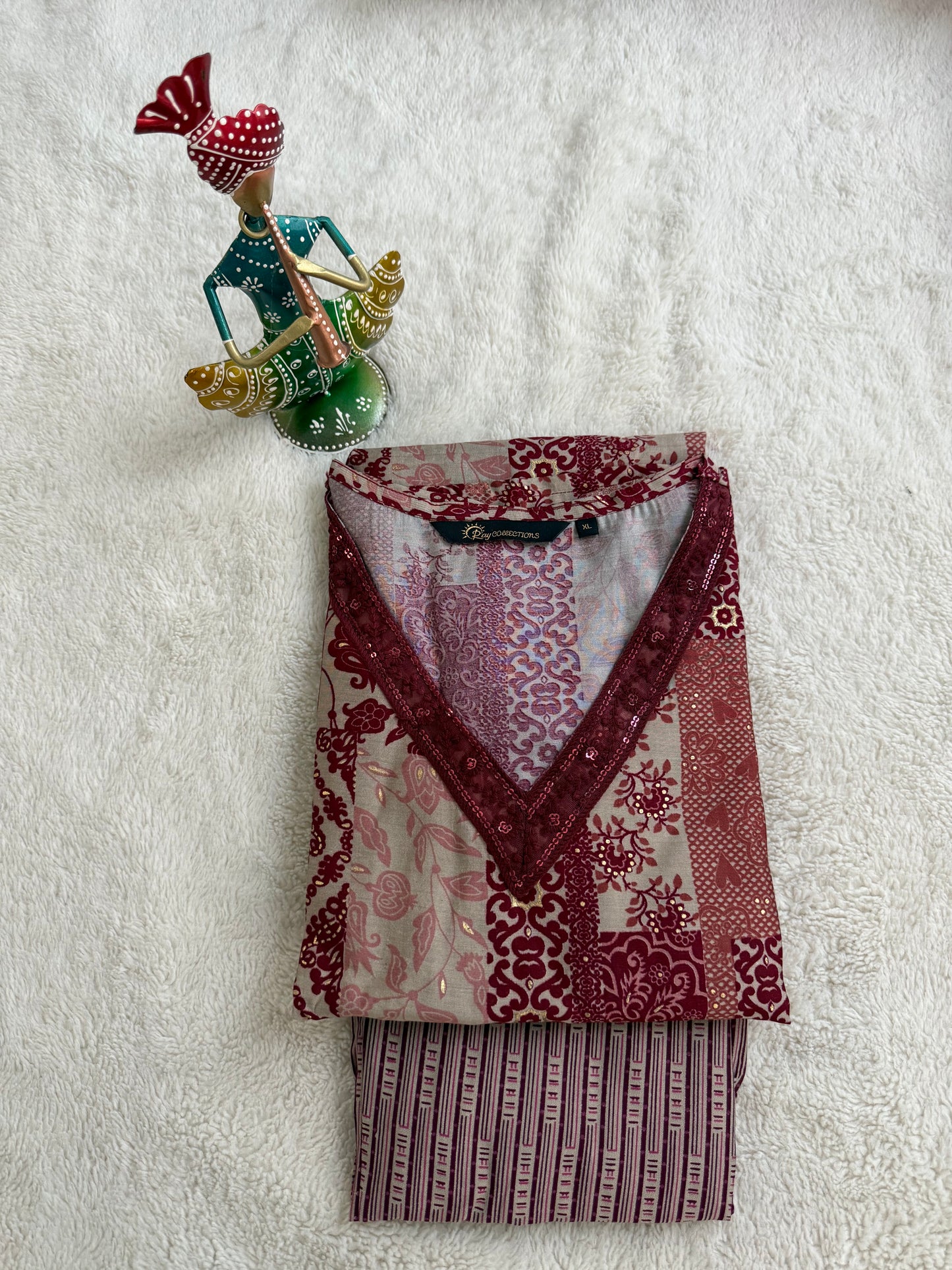 Half White with Maroon Print V Neck 2-Piece Chudidar Set