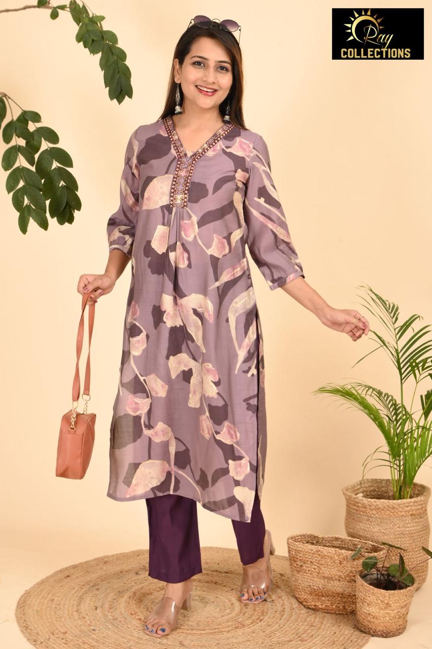 Lavender and Purple V Neck 2-Piece Chudidar Set