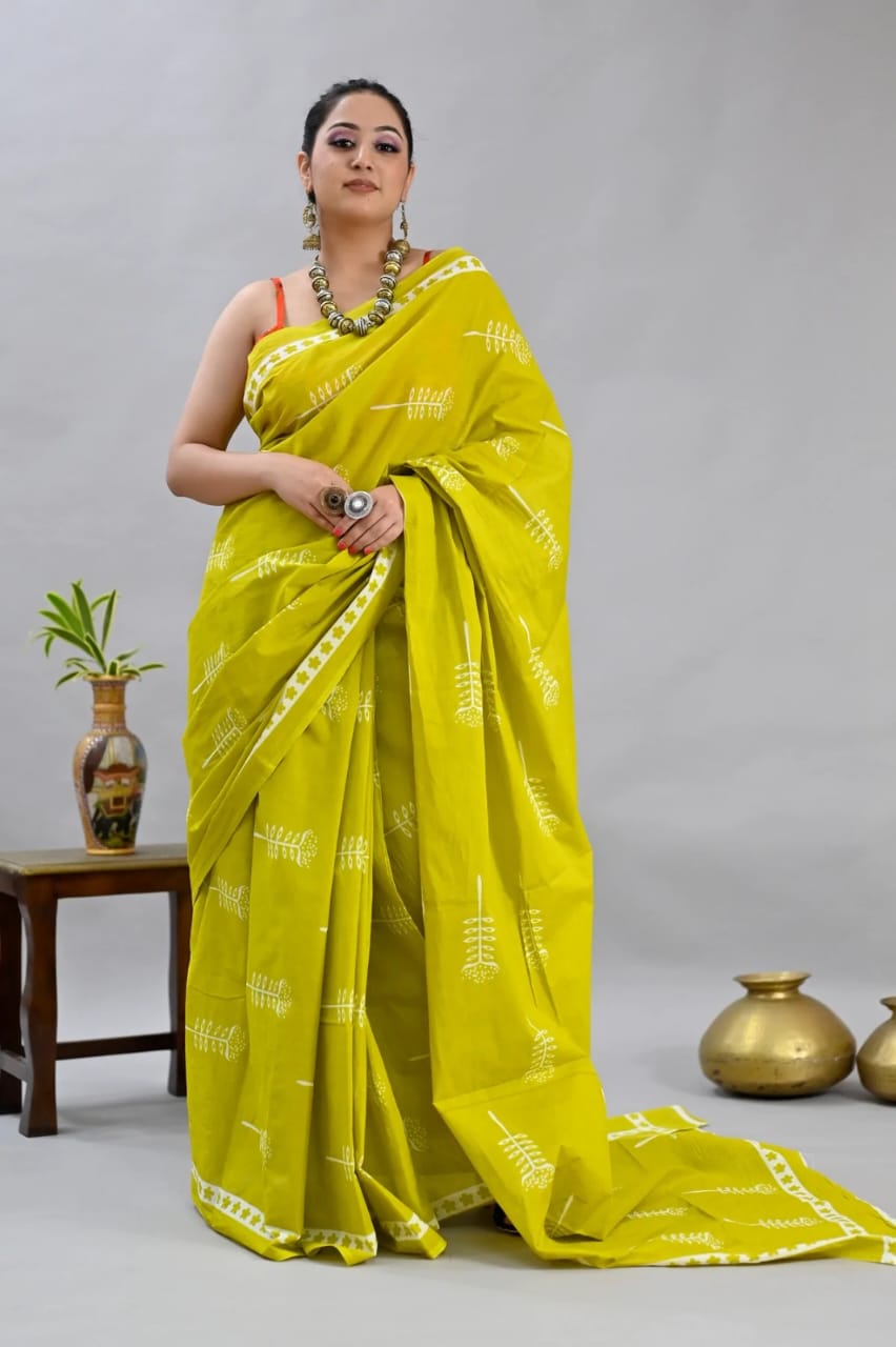 Lemon Green MulMul Cotton Saree