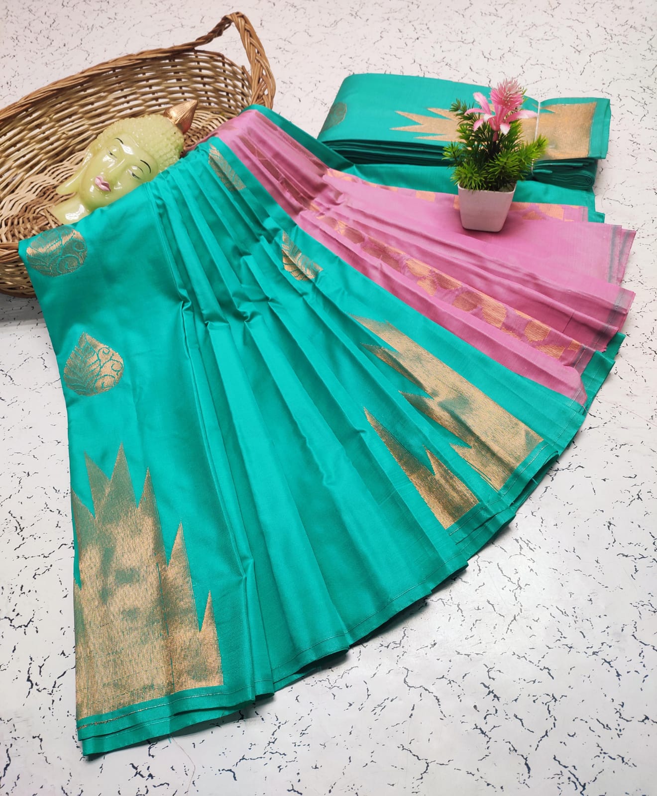 Bluish Green and Baby Pink Fancy Soft Silk Saree