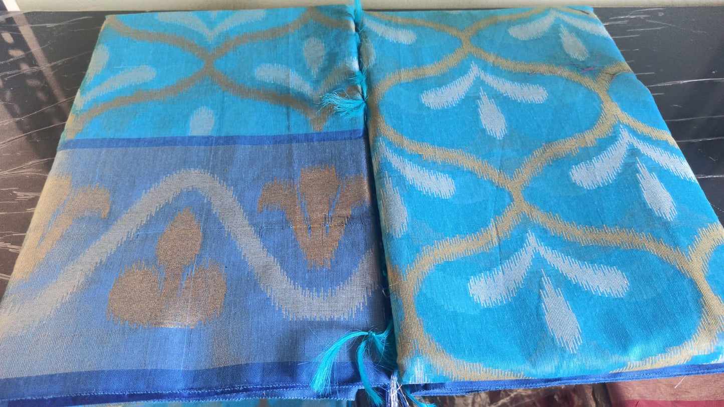 Light Blue and Dark Blue Cotton Banarasi Pochampally Saree