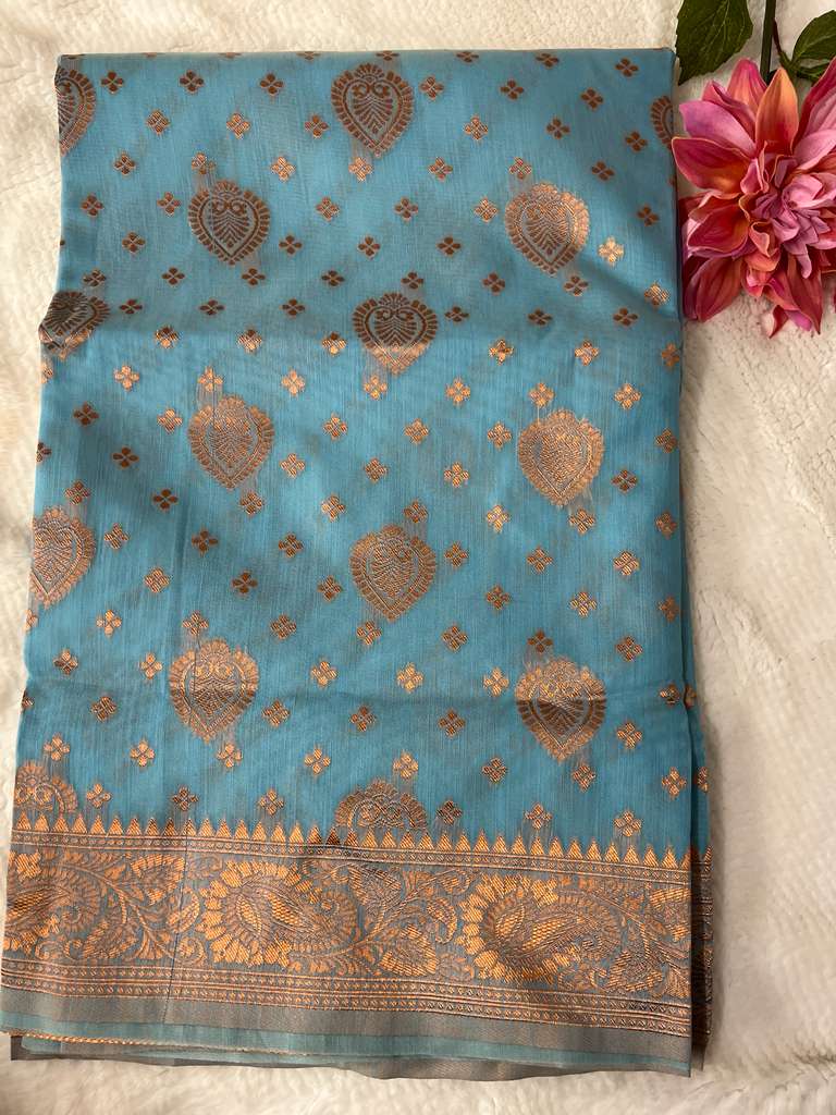 Light Blue and Gold Print Lambhor Linen Saree