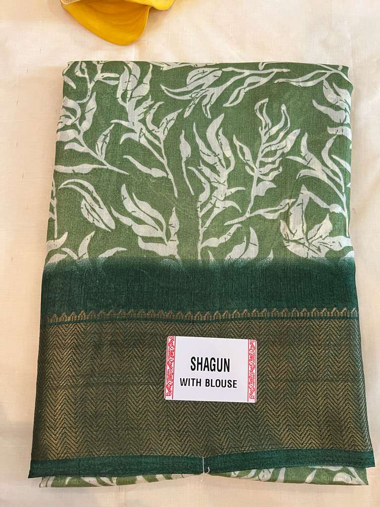 Light and Dark Green with Leaf Pattern Shagun Fancy Saree