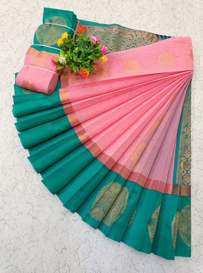 Pink and Dark Pista Uppada Kotanji Border Silk Cotton Saree