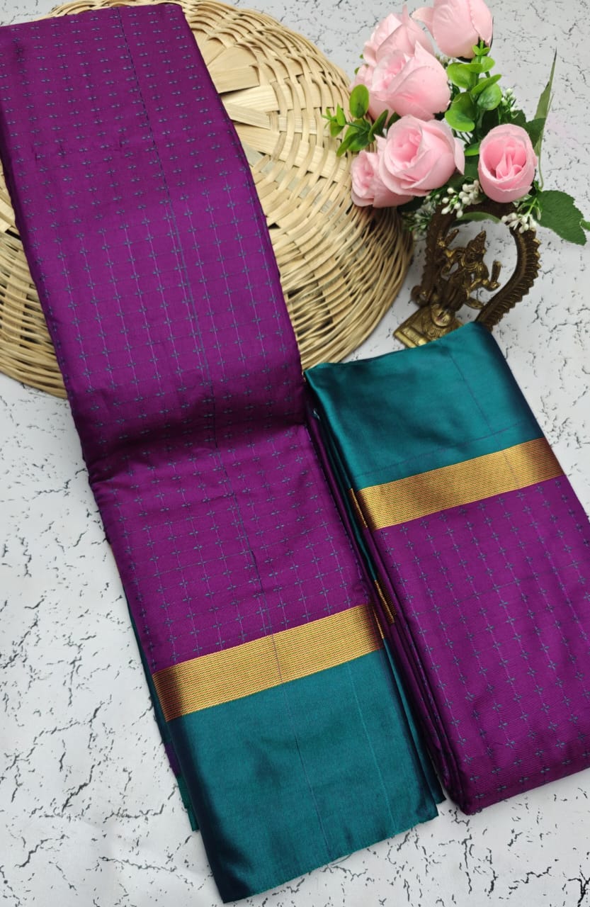 Magenta and Green Checked Pattern Arani Soft Silk Saree