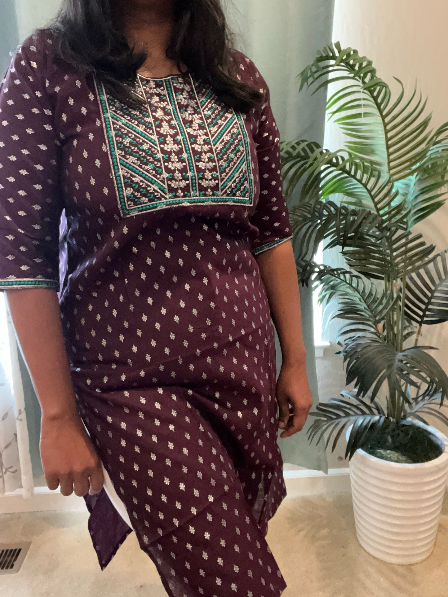 Maroon with White and Green Embroidery Kurti