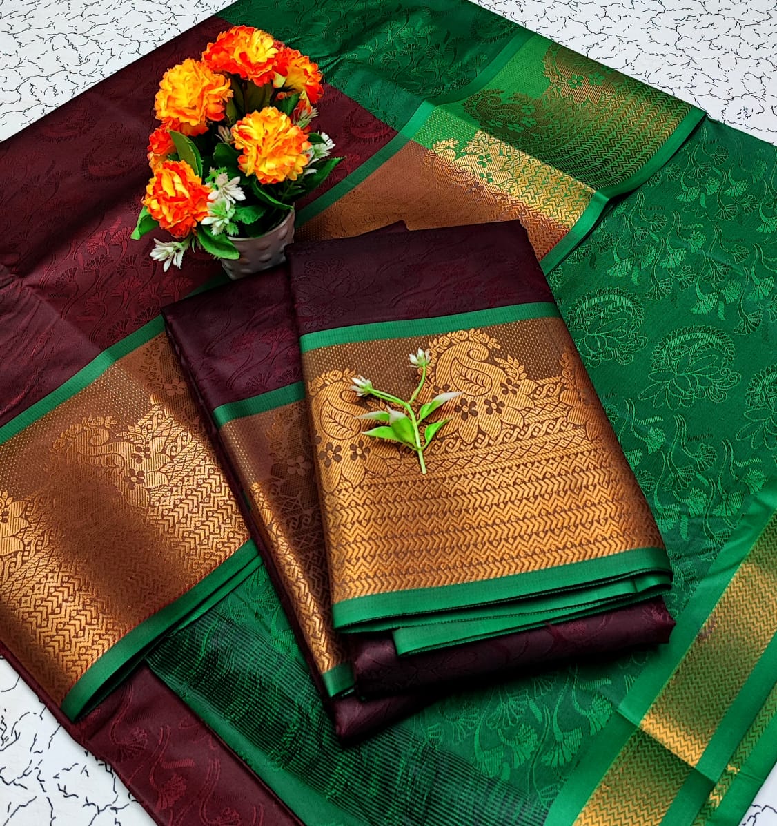 Maroon and Green Embossed Soft Silk Saree