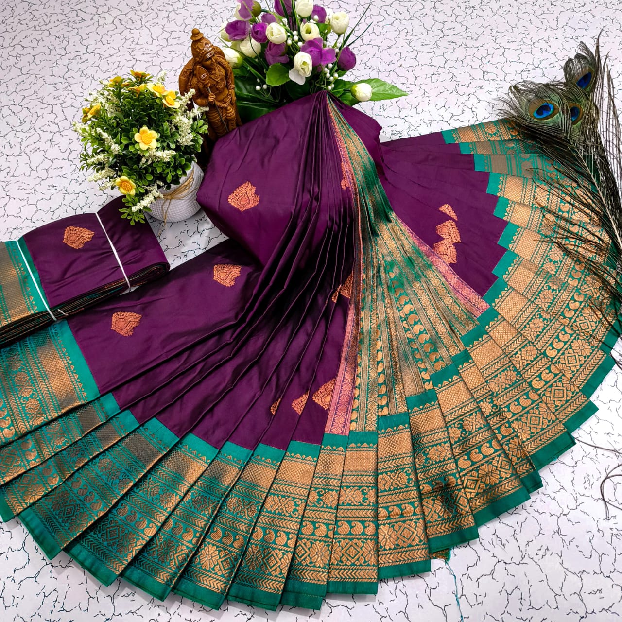 Dark Purple and Green Mangalyam Korvai Kottanji Tana Soft Silk Saree