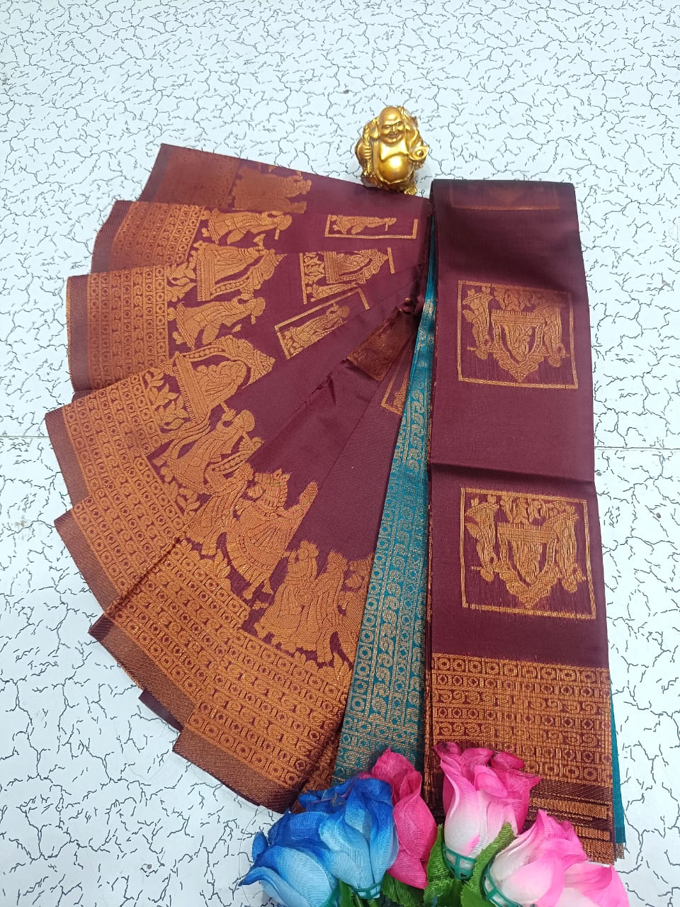 Maroon and Teal Pallaku Design Soft Silk Saree
