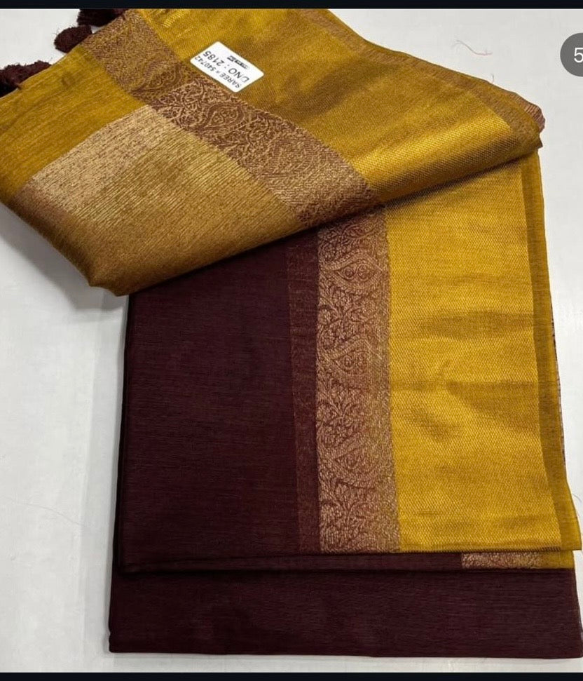 Maroon and Yellow Semi Jute Silk Saree