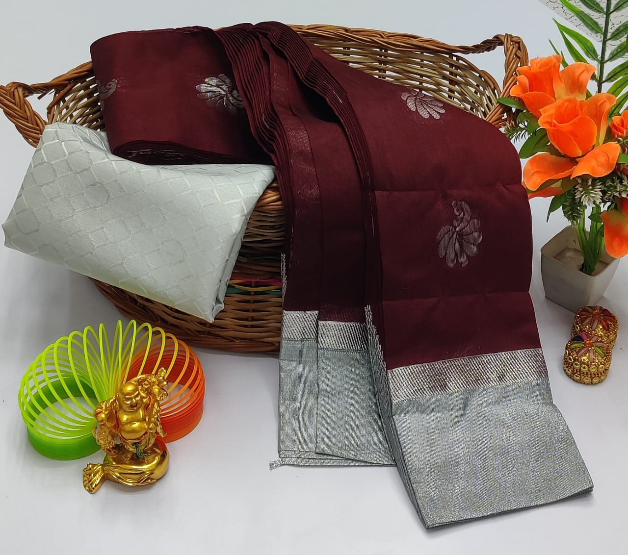 Maroon Silver Silk Cotton Saree